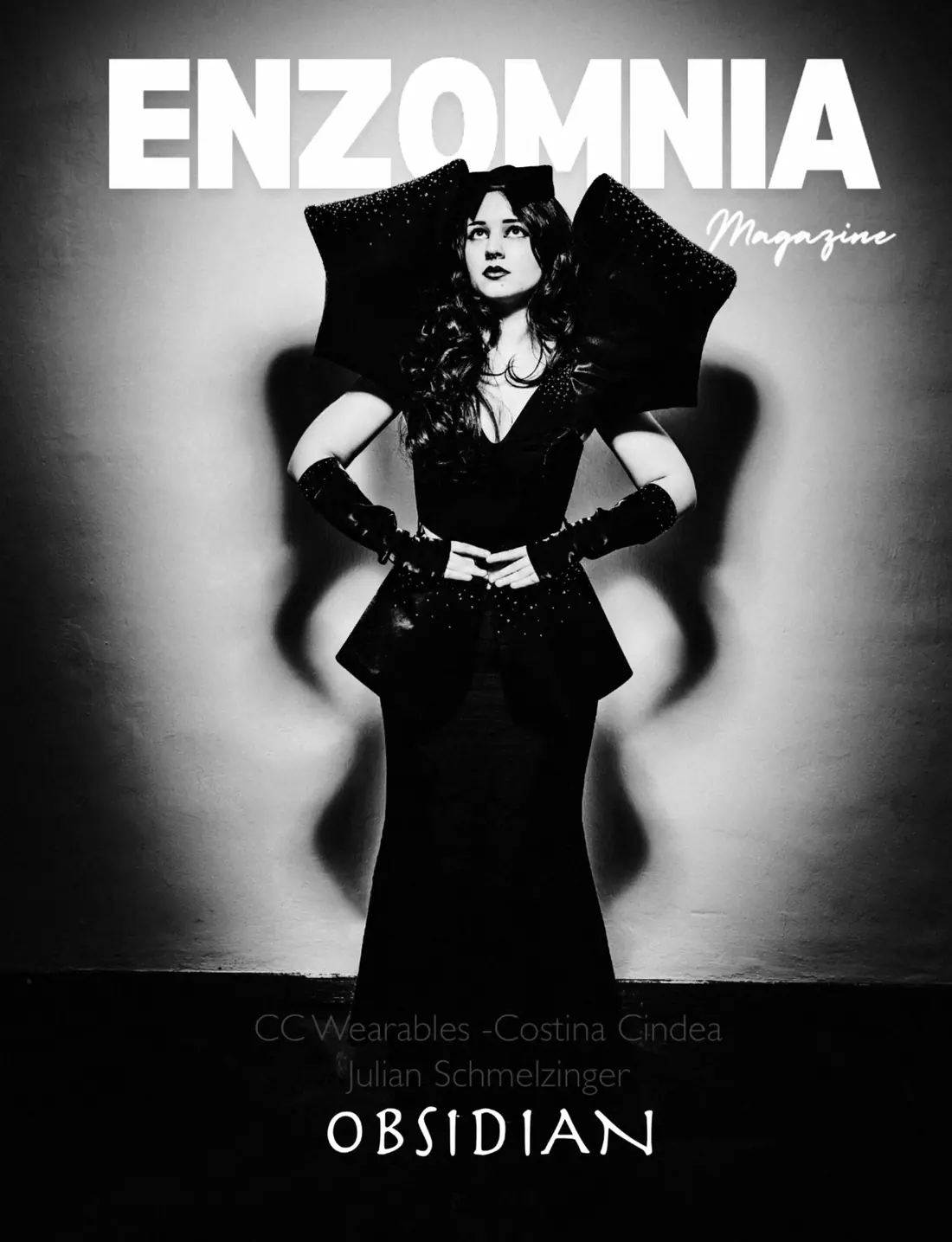 Front cover of Enzomnia Magazine with the Obsidian editorial: the collar dress and its sculpted headpiece.